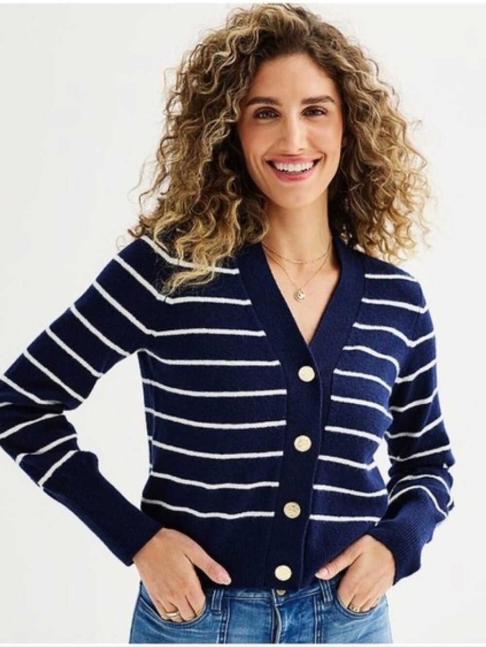 NEW DRAPER JAMES Varsity Cardigan Navy Blue White Striped Womens Size XS‎